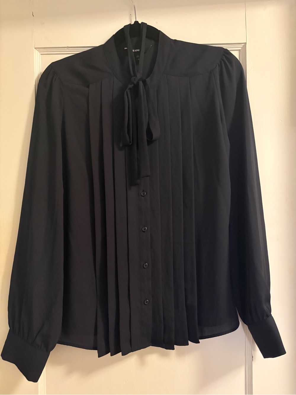 Express Navy Blue Pleated Button-Front Tie-Neck Blouse
